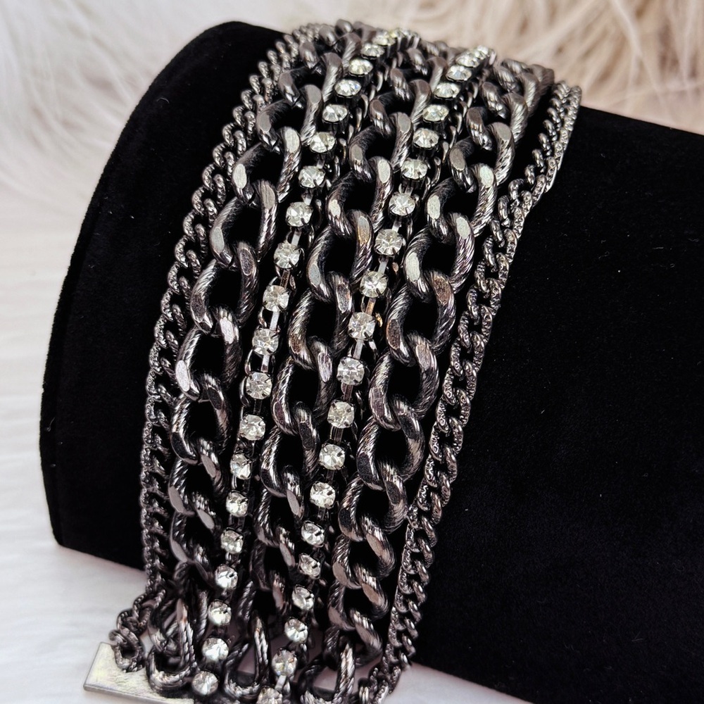 Vintage Heavy Gunmetal Multi Chain Rhinestone Wide Statement Bracelet Chunky